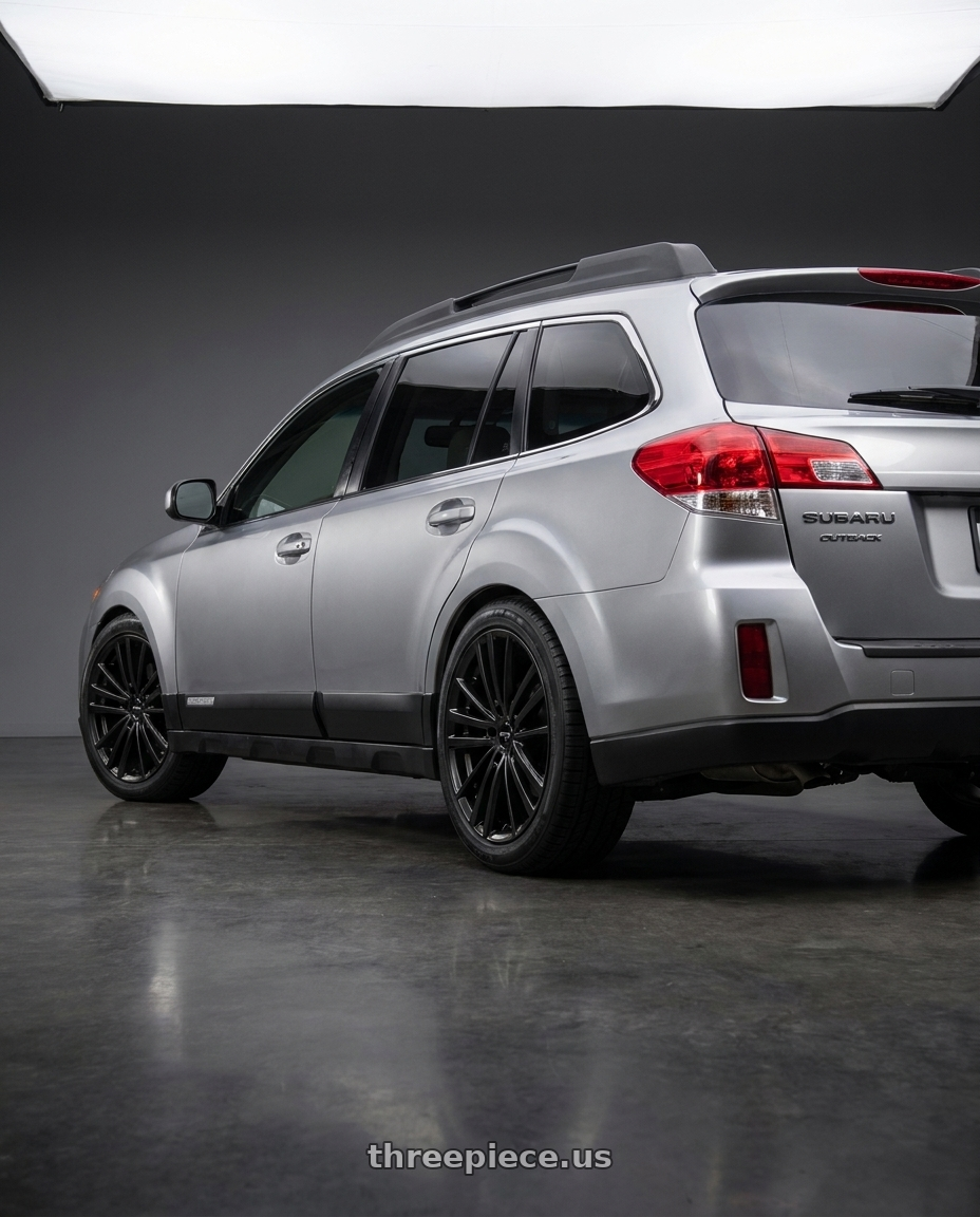 2012 Subaru Outback with RTX Cosmos 5x100 17x7.5 +42 Satin Black wheels rear three quarter view square tires