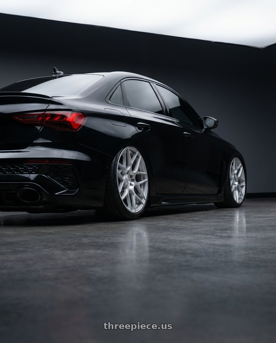 2022 Audi RS3 8Y with Aodhan AFF2 5x112 19x9.5+35 Gloss Silver Machined Face wheels rear three quarter view slight stretch tires