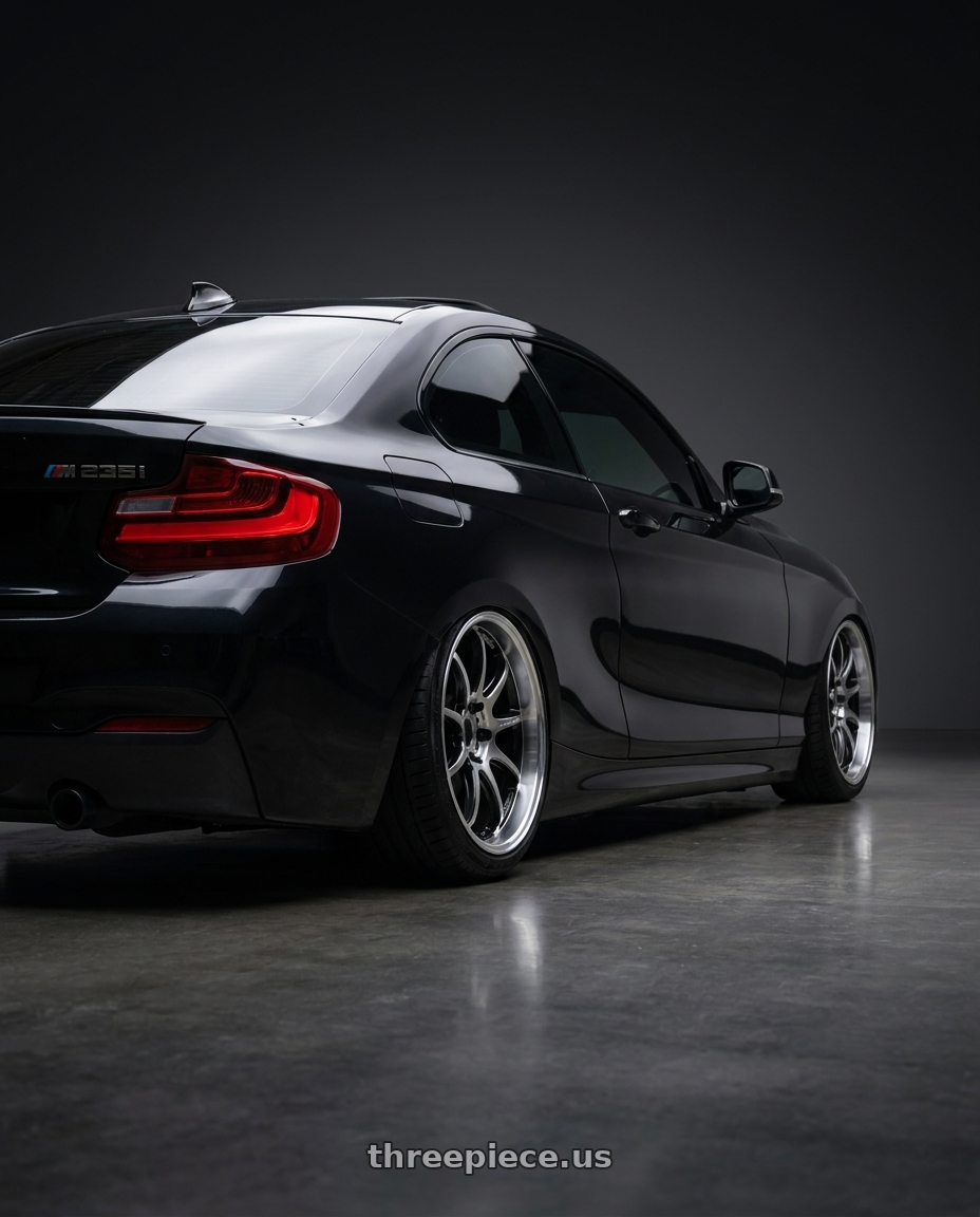 2015 bmw m235i with Work Emotion D9r 5x120 19x8.5 +38 Gt Silver Rim Cut wheels rear three quarter view slight stretch tires