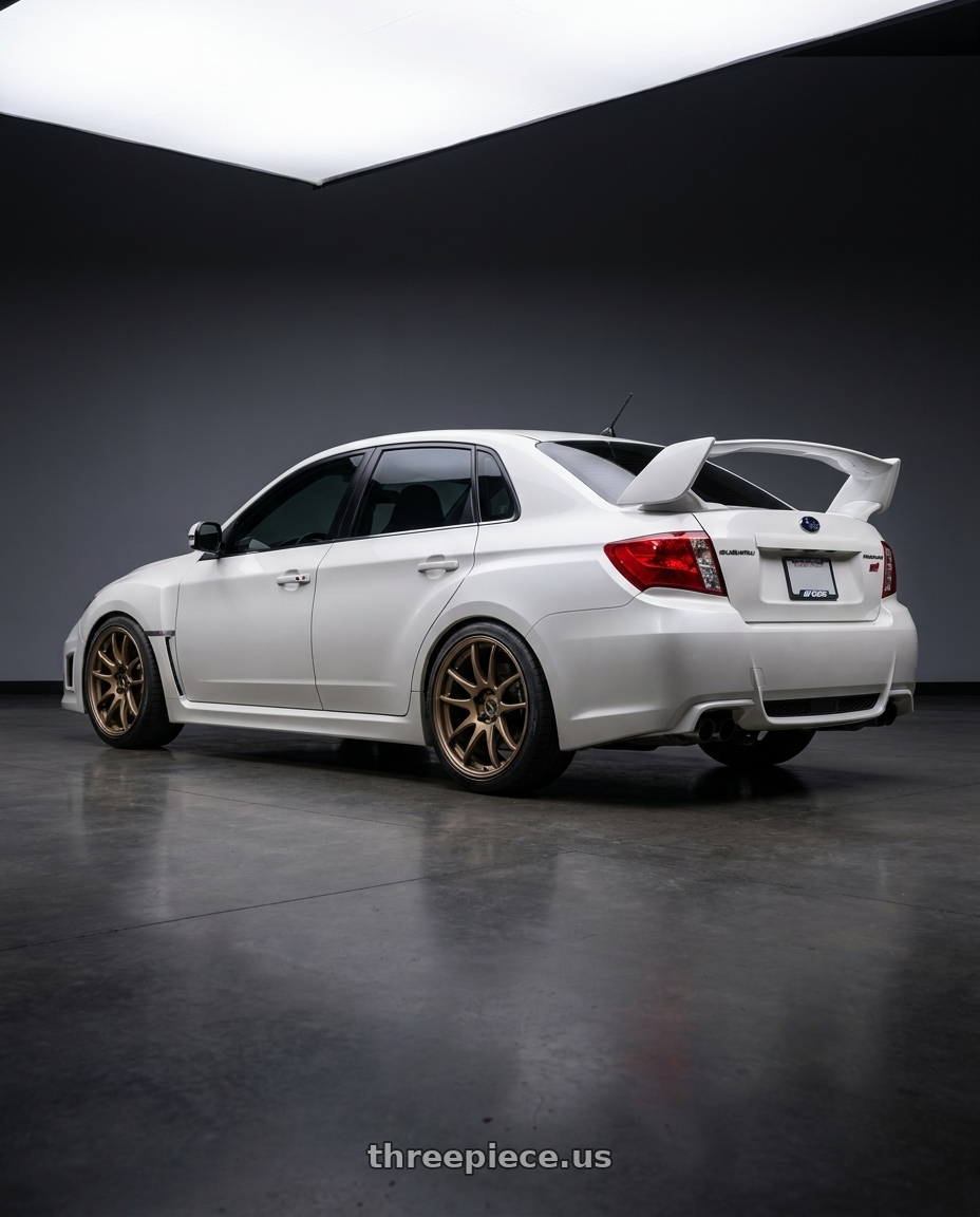 2011 Subaru sti sedan  with Work Cr 2P 5x114.3 19x9.0 +45 Matte Bronze wheels rear three quarter view square tires