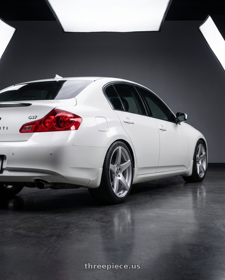 2012 Infiniti G37 with Forgestar CF5 5x114.3 19x9 +35 Gloss Silver wheels rear three quarter view square tires