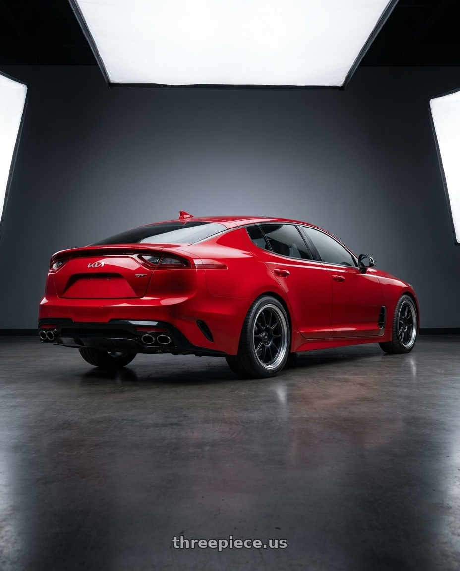 2022 Kia Stinger GT with Konig Countergram 5x114.3 19x10+25 Matte Black / Matte Machined Lip wheels rear three quarter view square tires