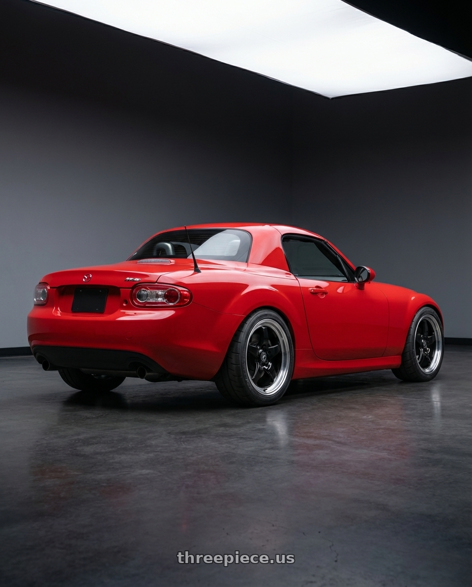 2012 Mazda MX-5 Miata NC with Forgestar D5 Drag 5x114.3 17x10 +50 Gloss Black Machined wheels rear three quarter view square tires