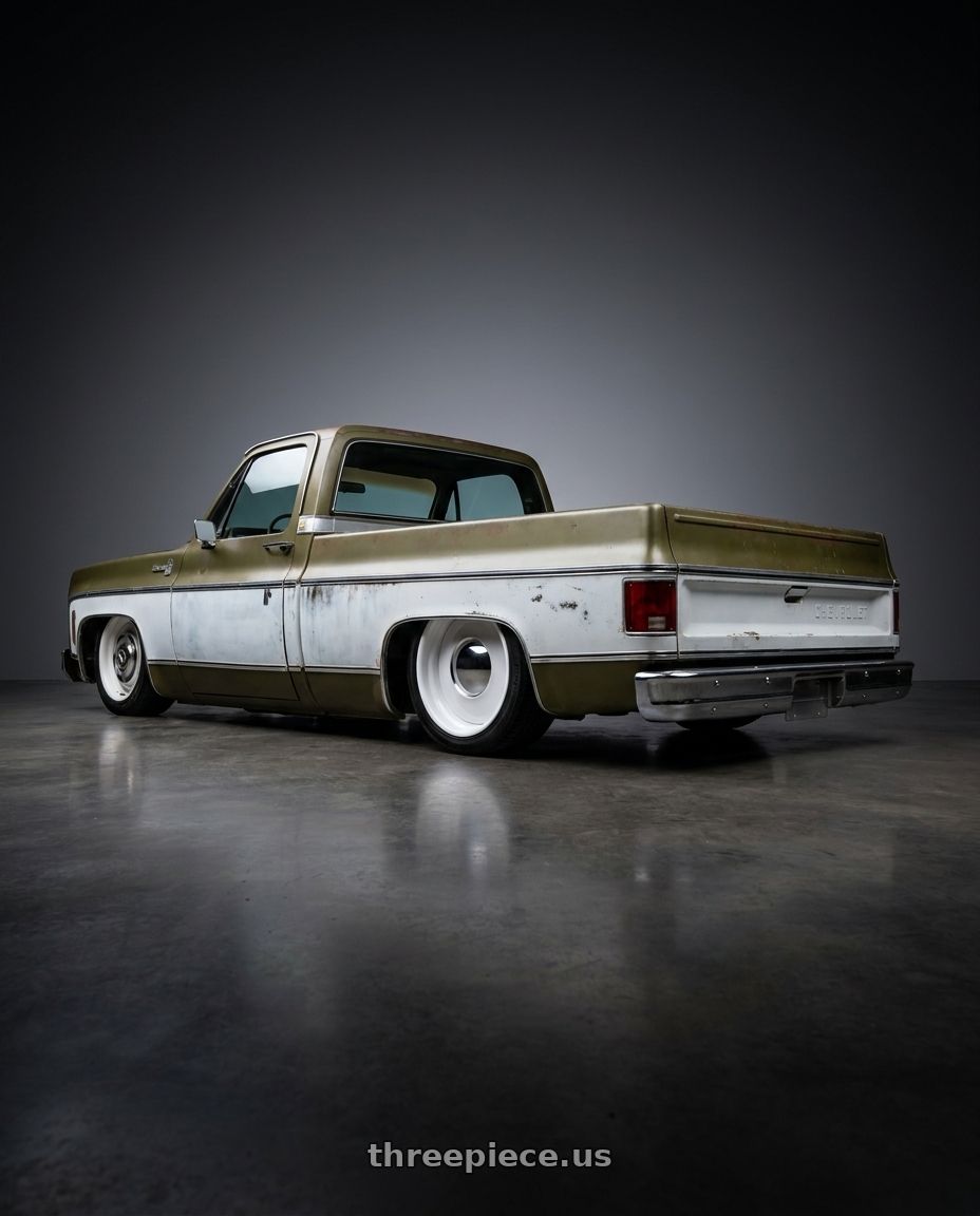 1976 Chevy c10 with Boyd Coddington 61W Smoothie 5X5.00 17x8 0 White wheels rear three quarter view square tires