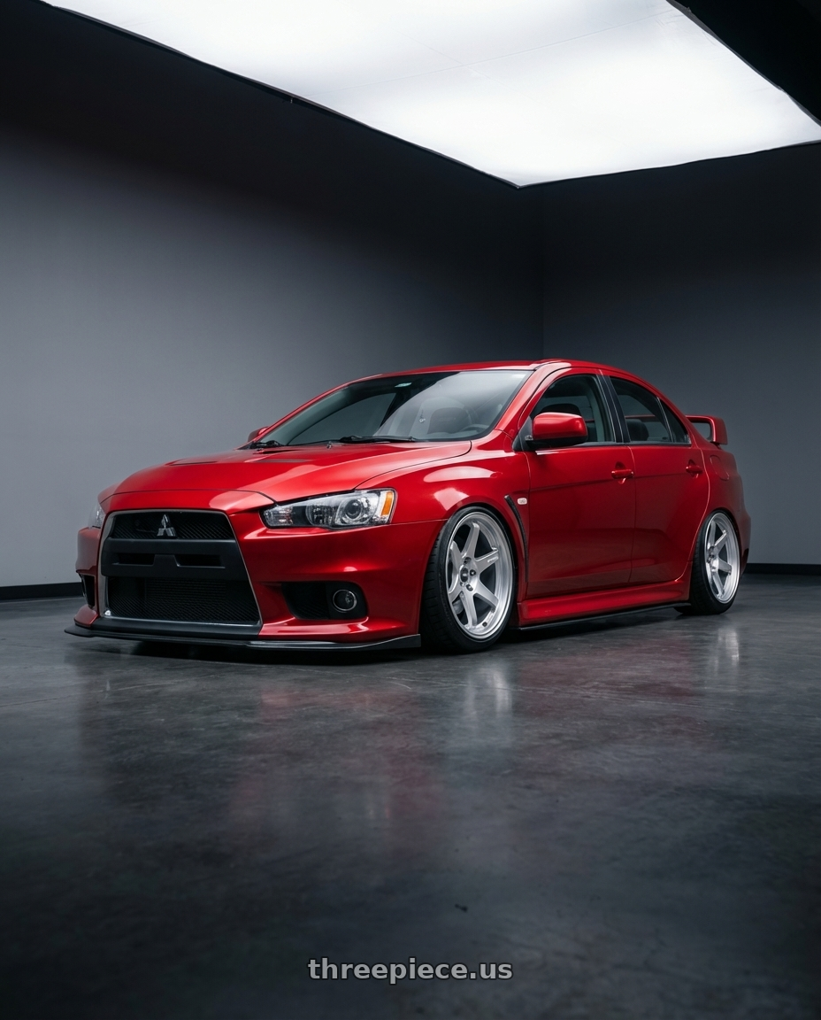 2012 Mitsubishi Lancer Evo X with ESR Wheels APEX SERIES AP6 5x114.3 18x8.5 +30 Hyper Silver wheels front three quarter view stanced stance