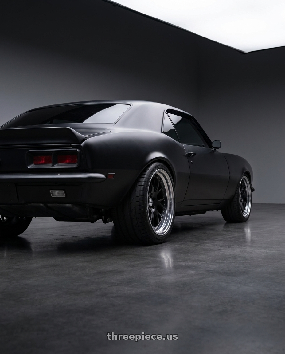 1968 Chevy Camaro with SSR Professor MS3 5x120.65 18x10+-1 NR Disk Flat Black wheels rear three quarter view meaty tires
