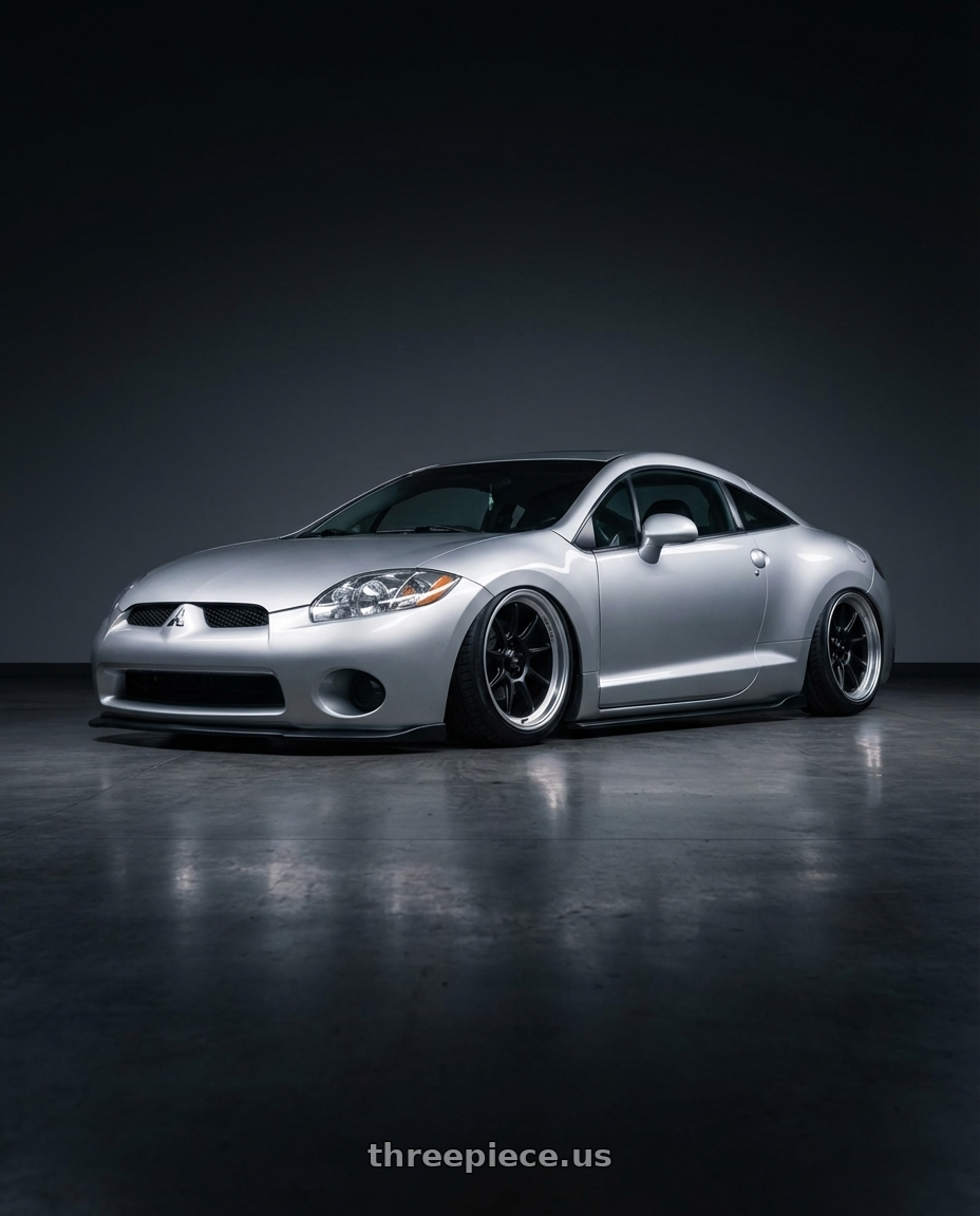 2010 Mitsubishi Eclipse with Konig Countergram 5x114.3 19x9.5+35 Matte Black / Matte Machined Lip wheels front three quarter view stanced stance