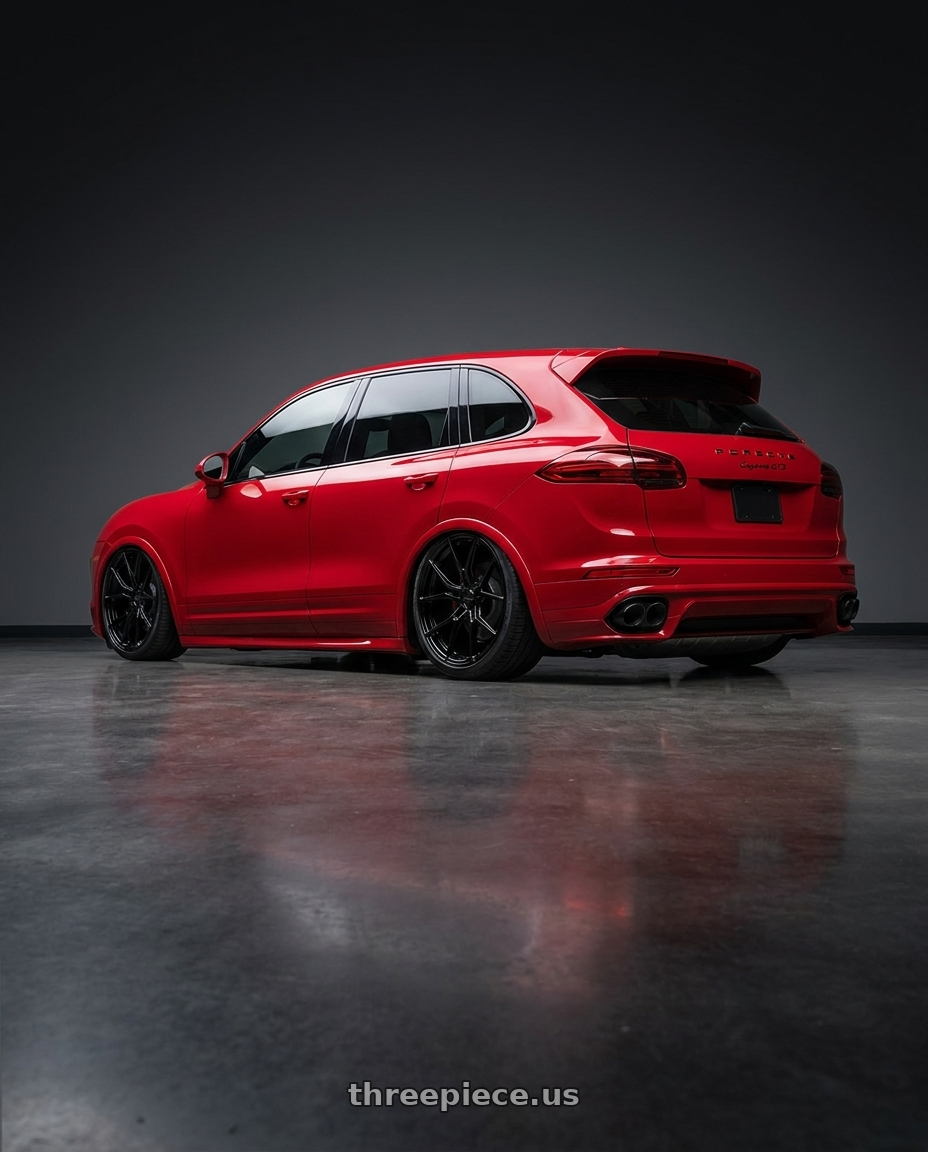 2016 Porsche Cayenne GTS with E5 Wheels Daytona 5x120 21x12+52 BK wheels rear three quarter view extreme stretch tires