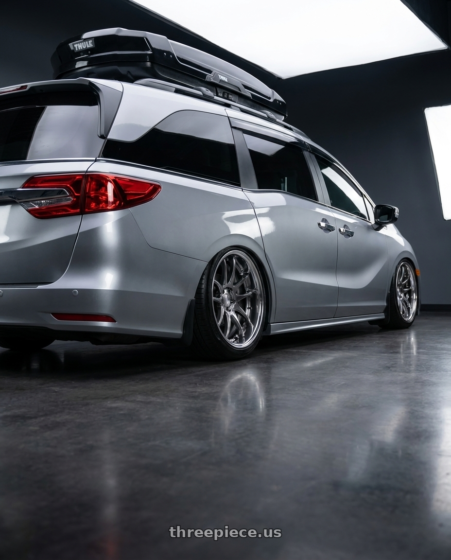 2024 Honda Odyssey with Work Cr 2P 5x120 20x8.0 +38 GT Silver wheels rear three quarter view slight stretch tires