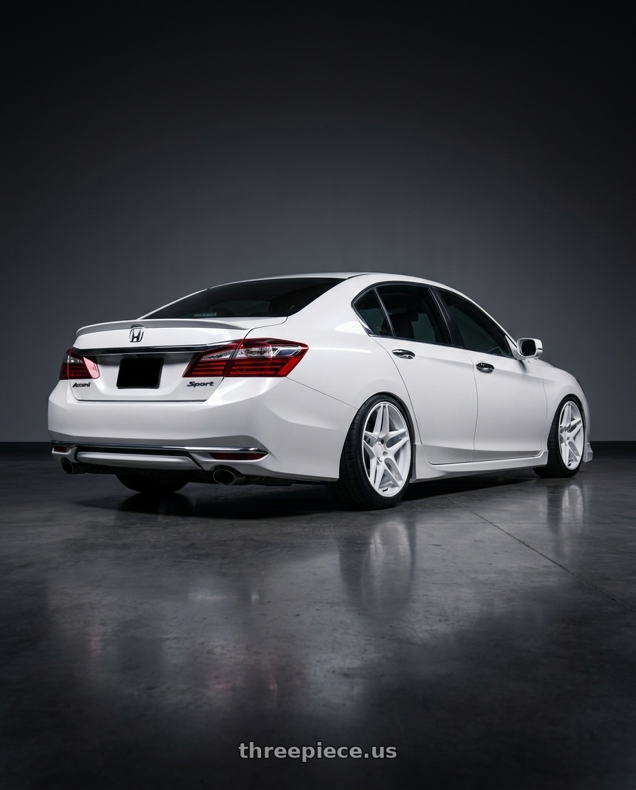 2016 Honda accord with Kansei K15W Astro 5X100 18x9.5 35 Gloss White wheels rear three quarter view square tires
