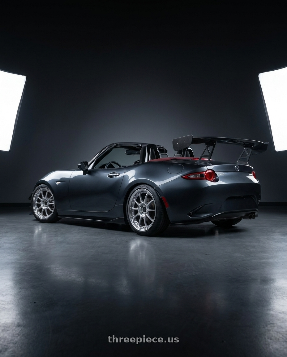 2021 Mazda Mx5  with SSR Professor SP5R 4X100 17X8.5+51 NR Disk High Bright Silver wheels rear three quarter view slight stretch tires