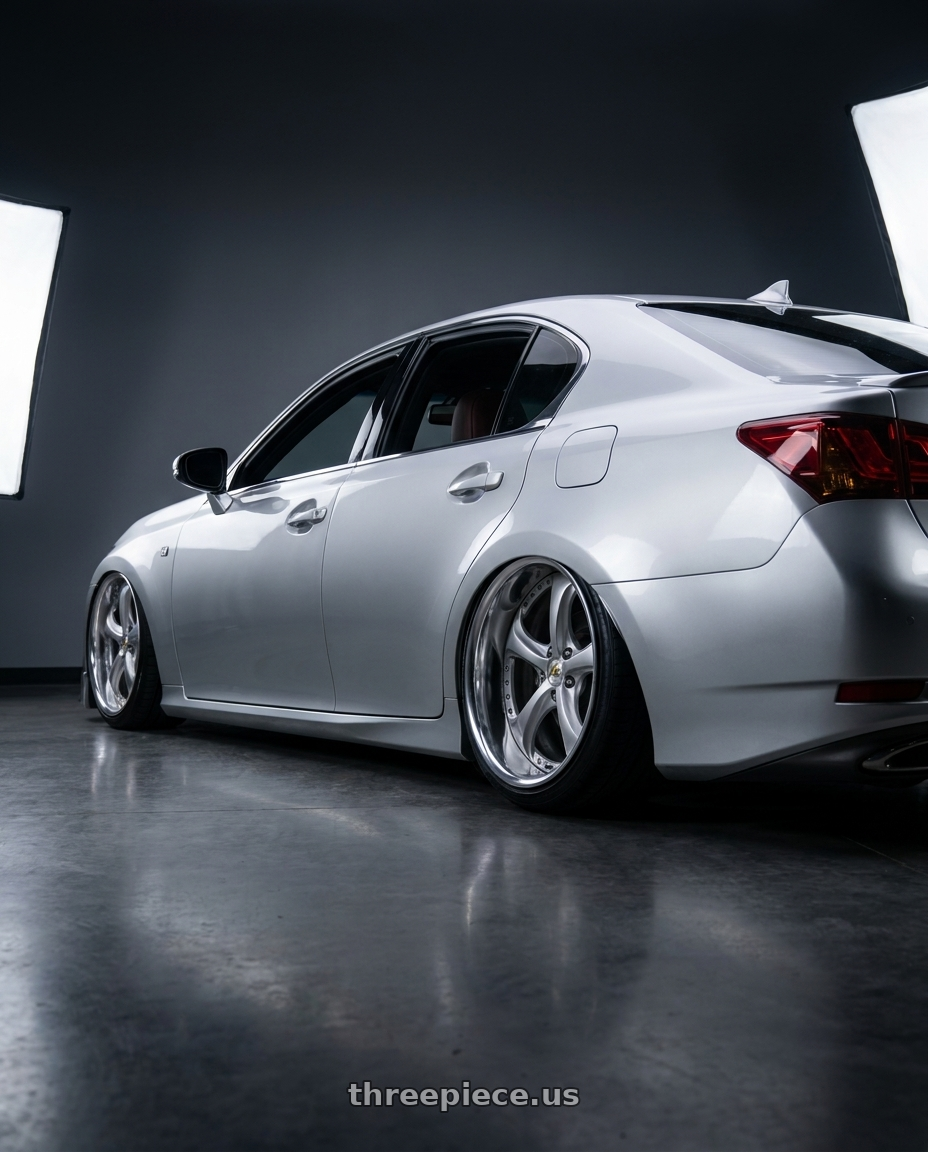 2015 Lexus gs350 with Work Wheels VS-KF 5x115 20x13.5+1 Light Grey Silver R Disk FULL REVERSE wheels rear three quarter view slight stretch tires