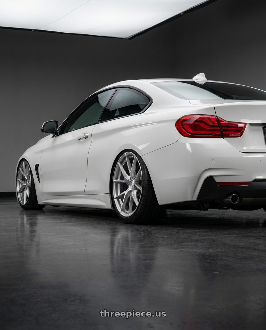 2020 Bmw 430i with Aodhan AFF7 5x112 20x9+30 Gloss Silver Machined Face wheels rear three quarter view slight stretch tires