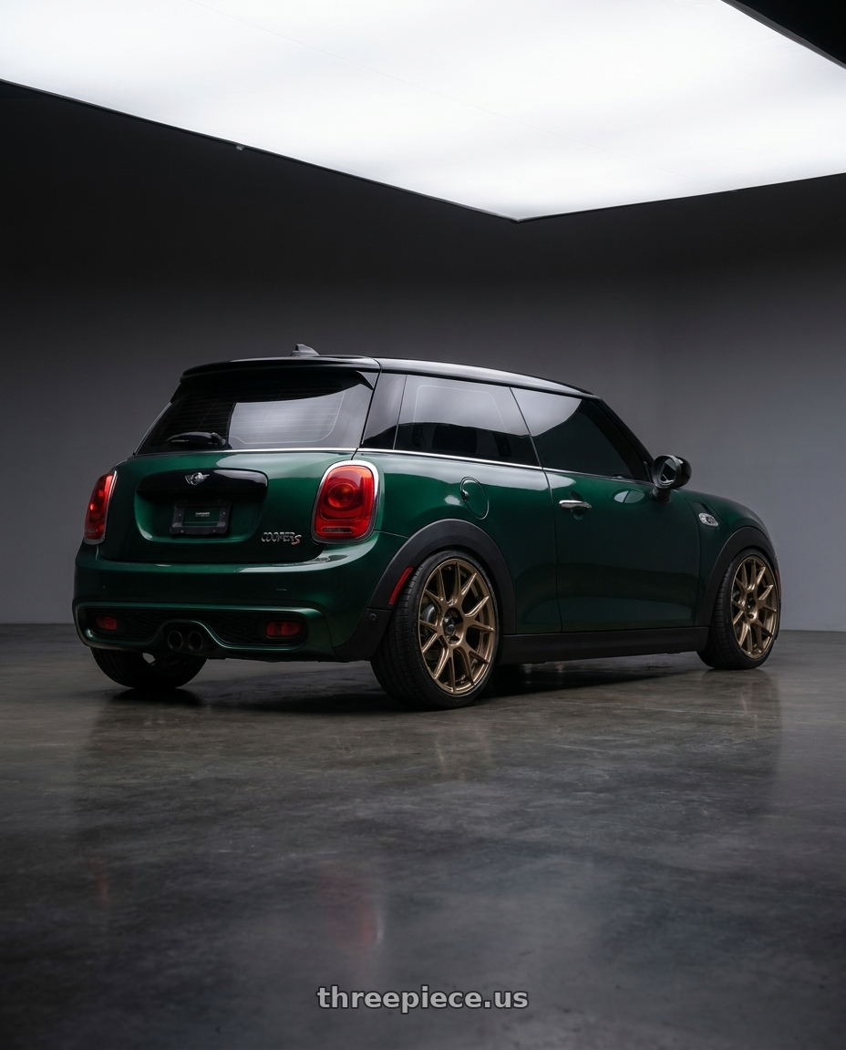2014 mini cooper s with Konig Ampliform 5x112 18x8.5+43 Gloss Bronze wheels rear three quarter view square tires