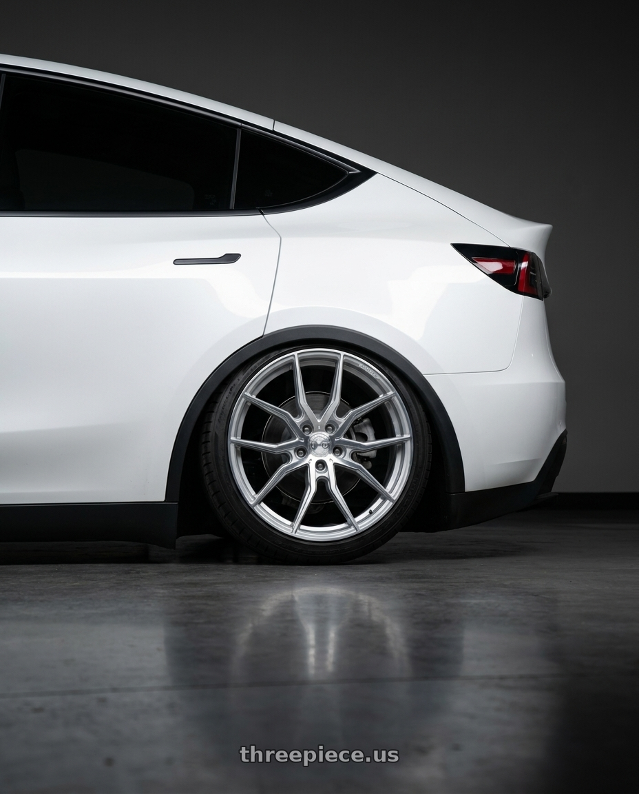 2024 Tesla Model Y with Aodhan AFF1 5x114.3 20x9+32 Gloss Silver Machined Face wheels rear three quarter view slight stretch tires