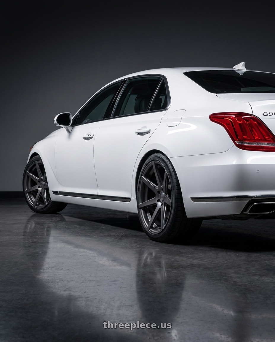 2018 genesis g90 ultimate with Rohana RC7 5x114.3 20x10+40 Matte Graphite wheels rear three quarter view square tires