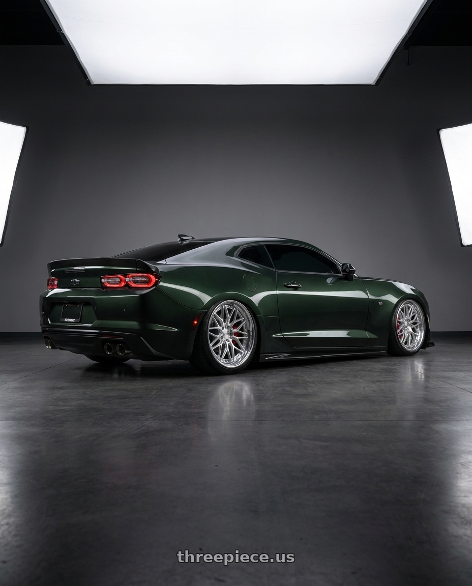 2020 chevrolet camaro ss 1le with MV Forged MVF2 blank 20x10.5 -9 Diamond Silver wheels rear three quarter view slight stretch tires