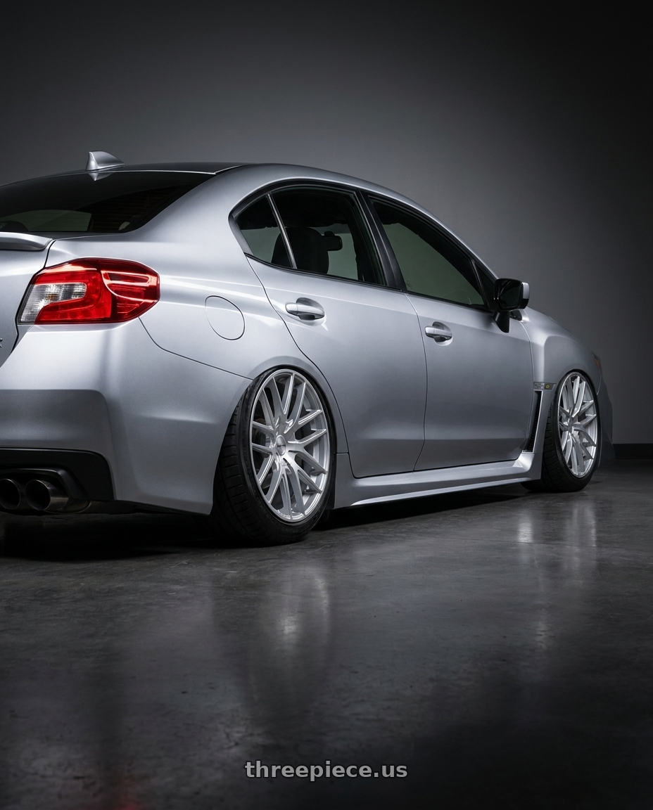 2016 Subaru wrx with TOUREN TR60 3260 5x100/5x114.3 18x8 +40 HYPER SILVER wheels rear three quarter view meaty tires