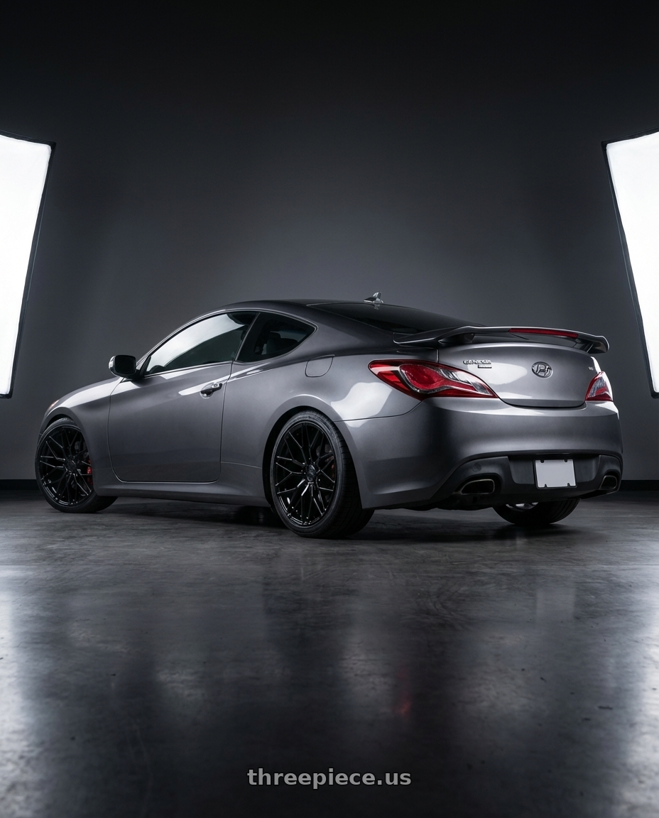 2014 Hyundai Genesis Coupe with Avant Garde Wheels M520R 5X114.3 19x8.5 +35 Gloss Black wheels rear three quarter view square tires
