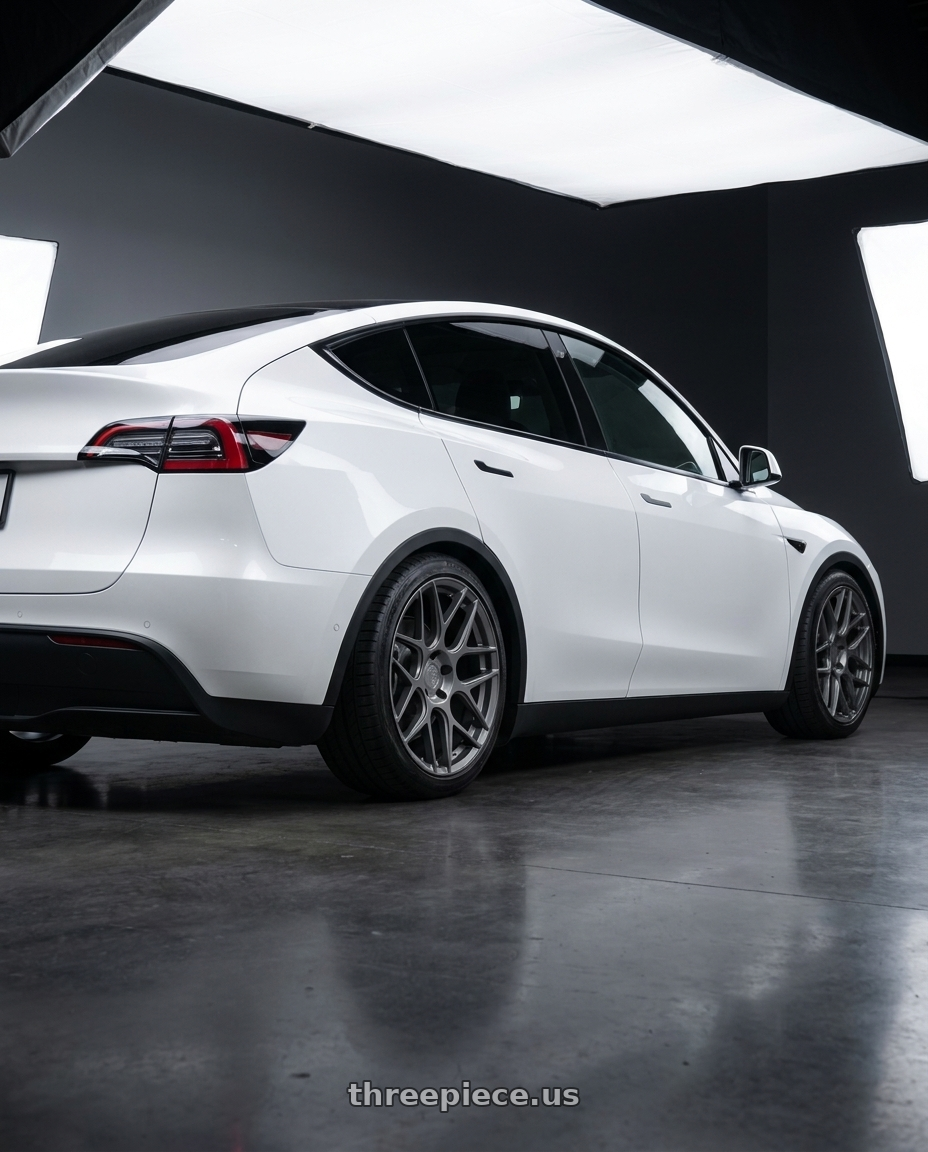2024 Tesla Model Y with Aodhan AFF2 5x114.3 20x9+32 Matte Gray wheels rear three quarter view square tires