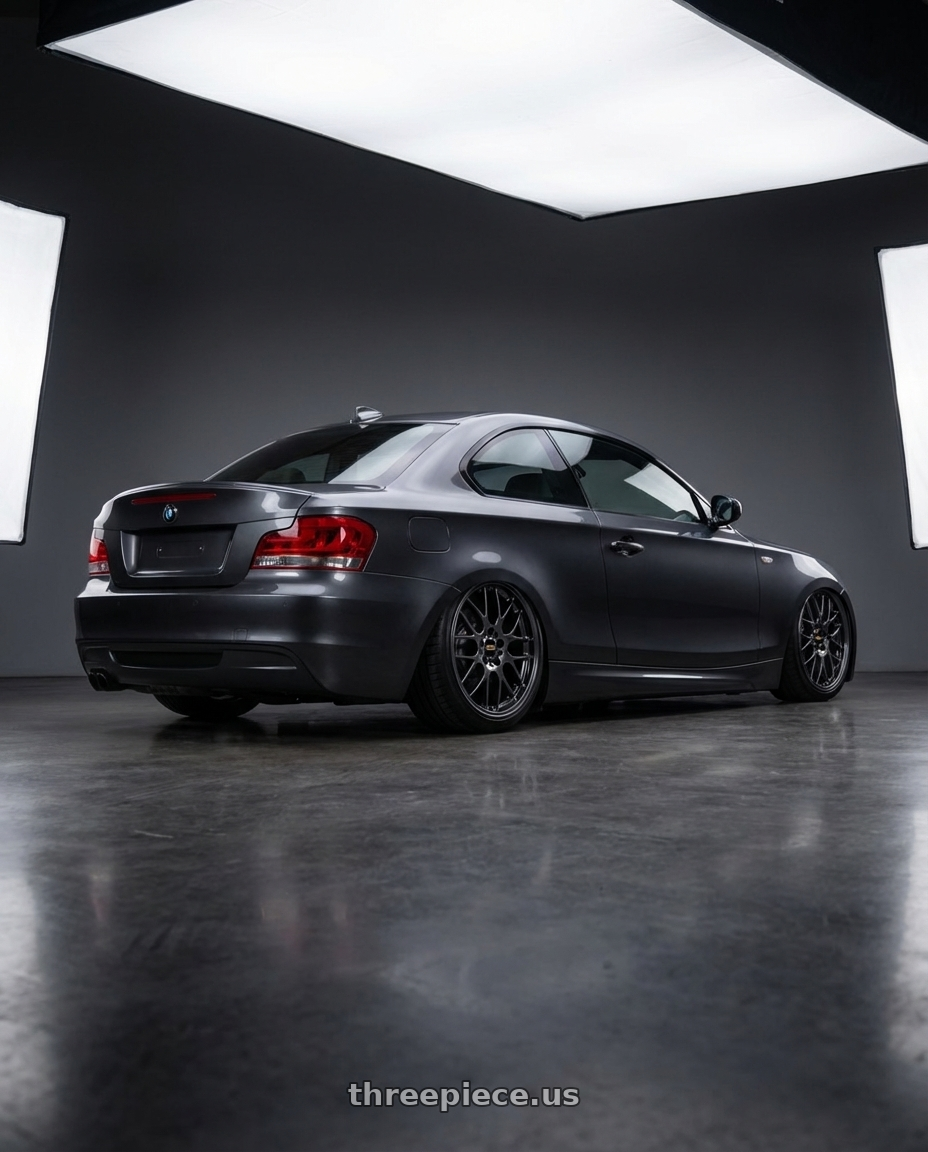 2012 BMW 1 Series E82 with BBS RG-R 5x120 19x8.5+32 Diamond Black wheels rear three quarter view slight stretch tires