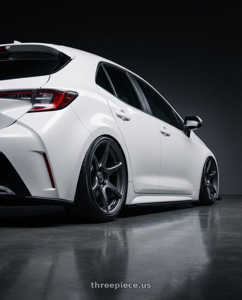 2023 Toyota Corolla Hatchback with Kansei K11G Tandem 5x114.3 18x9 35 Gunmetal wheels rear three quarter view slight stretch tires