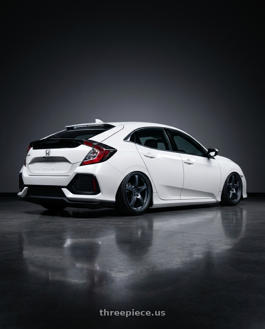 2019 Honda Civic with Gram Lights 57CR 5x114.3 19x9.5+25 Gunblue II wheels rear three quarter view slight stretch tires