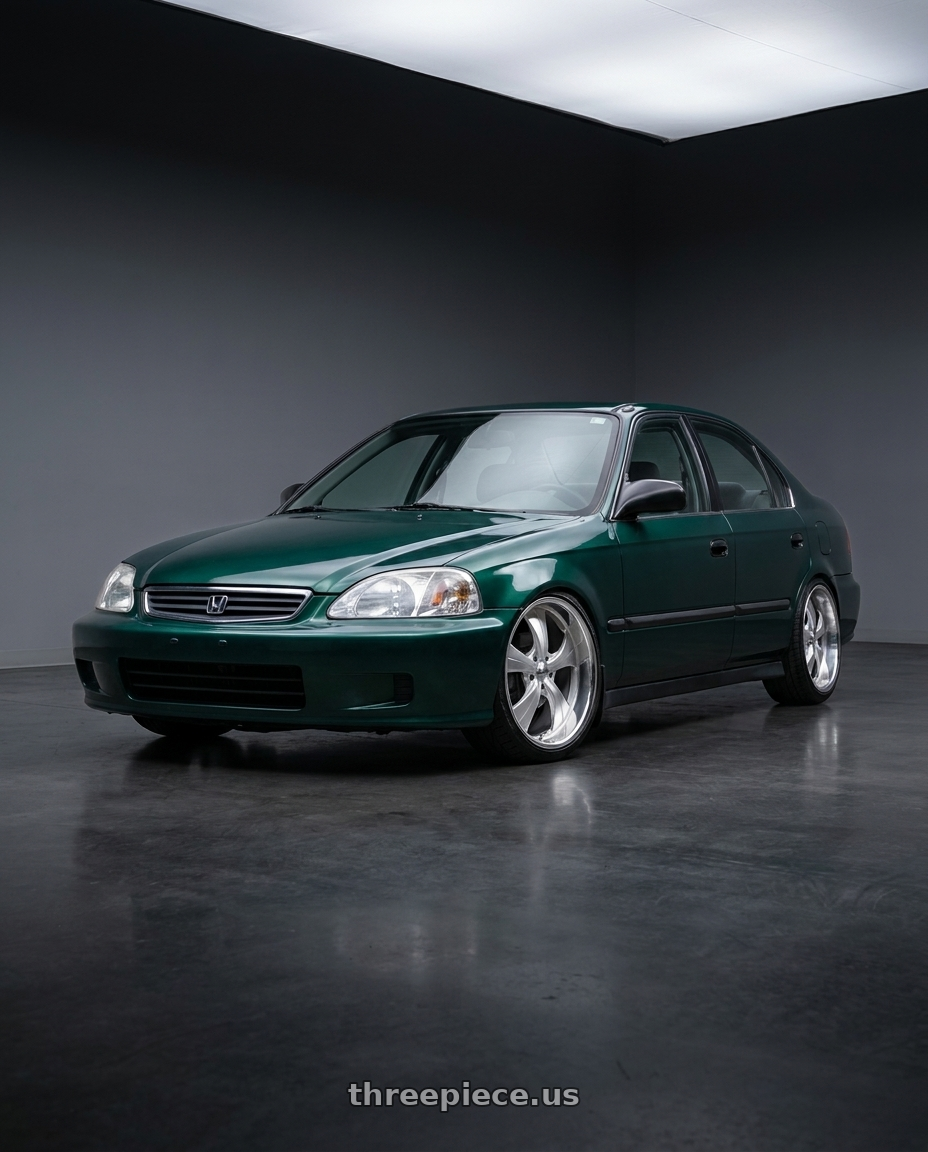 1999 Honda Civic DX Sedan Clover Green with Strada Street Classics Old Skool Blank 24x10 +15 Brushed Face Silver Milled SS Lip wheels