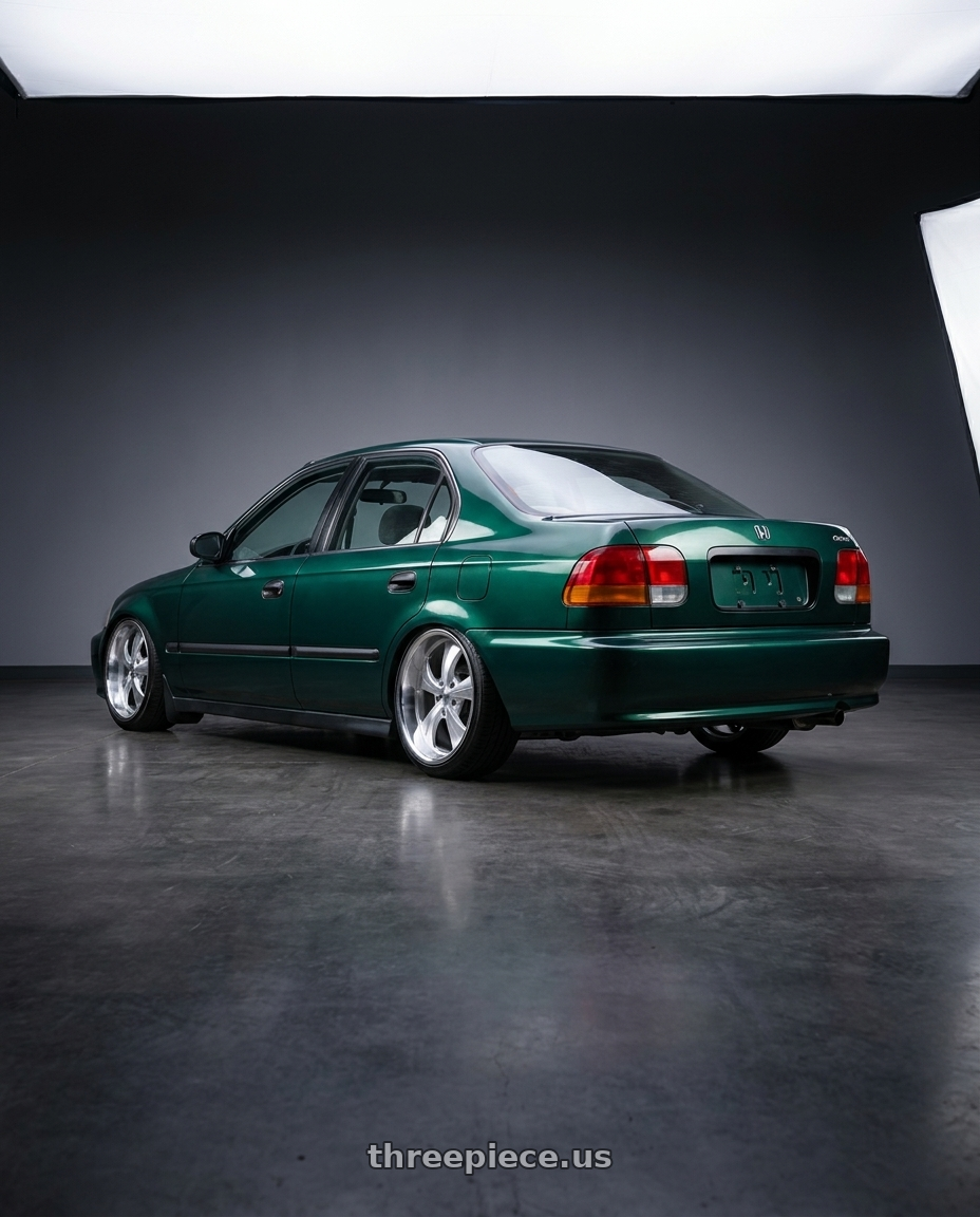 1999 Honda Civic DX Sedan Clover Green with Strada Street Classics Old Skool Blank 24x10 +15 Brushed Face Silver Milled SS Lip wheels rear three quarter view slight stretch tires