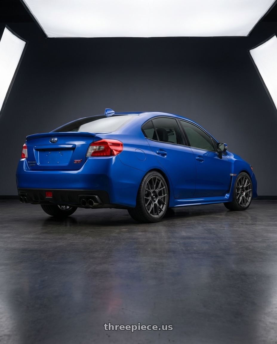 2018 Subaru WRX STI with Konig Ampliform 5x114.3 18x8.5+45 Dark Metallic Graphite wheels rear three quarter view square tires