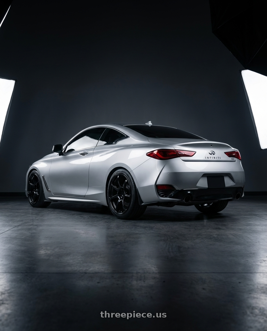 2020 Infiniti Q60 with Advan RGIII 5x114.3 19x9.0+25 Gloss Black wheels rear three quarter view square tires