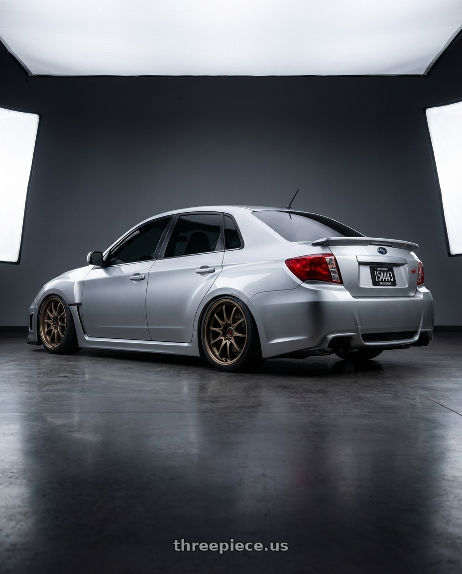 2014 Subaru WRX STI, Silver with Volk Racing CE28N 5x114.3 18x8.5 +30 BRONZE wheels rear three quarter view slight stretch tires