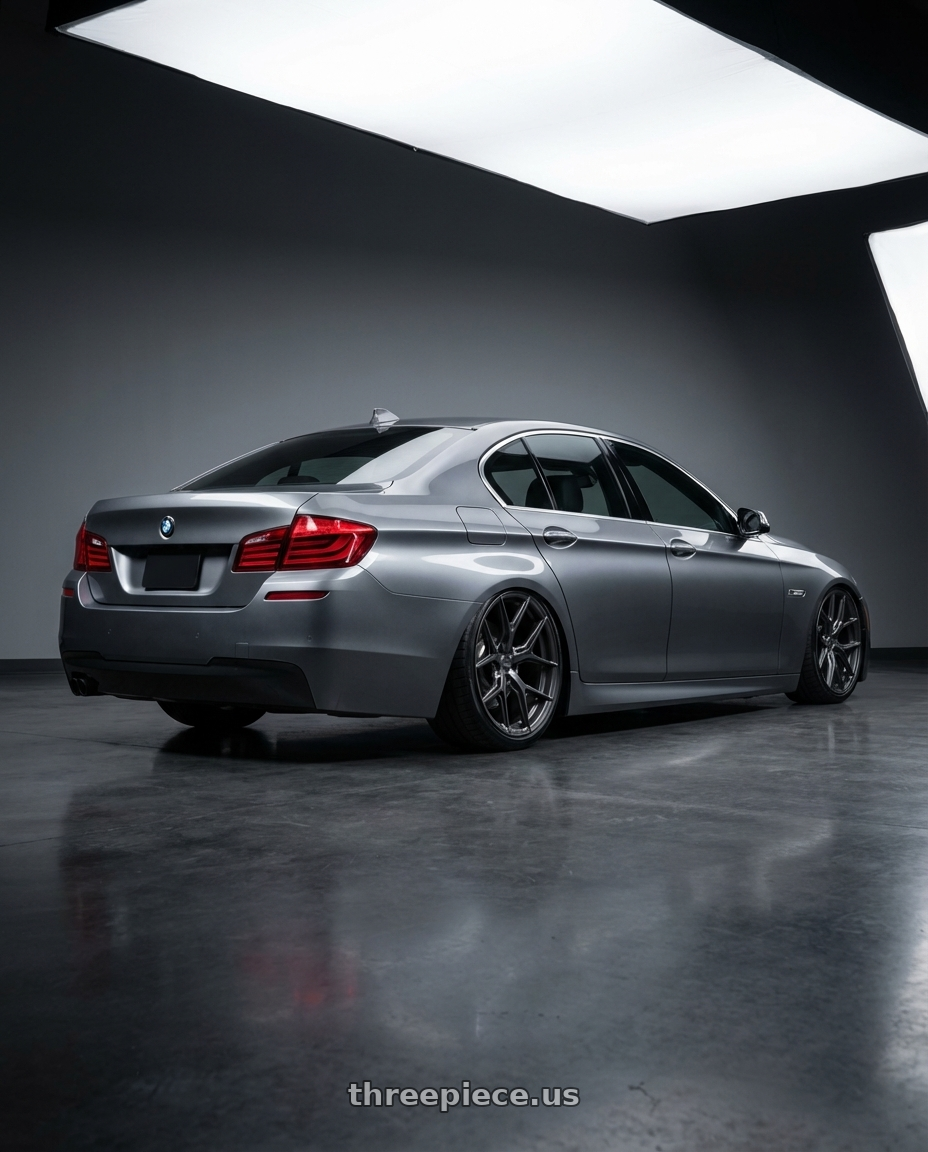 2016 BMW 5 Series F10 with Vossen HF-5 20x9 / 5x120 / ET35 / Flat Face / 72.56 - Matte Gunmetal Wheel - HF5-0B02 wheels rear three quarter view slight stretch tires