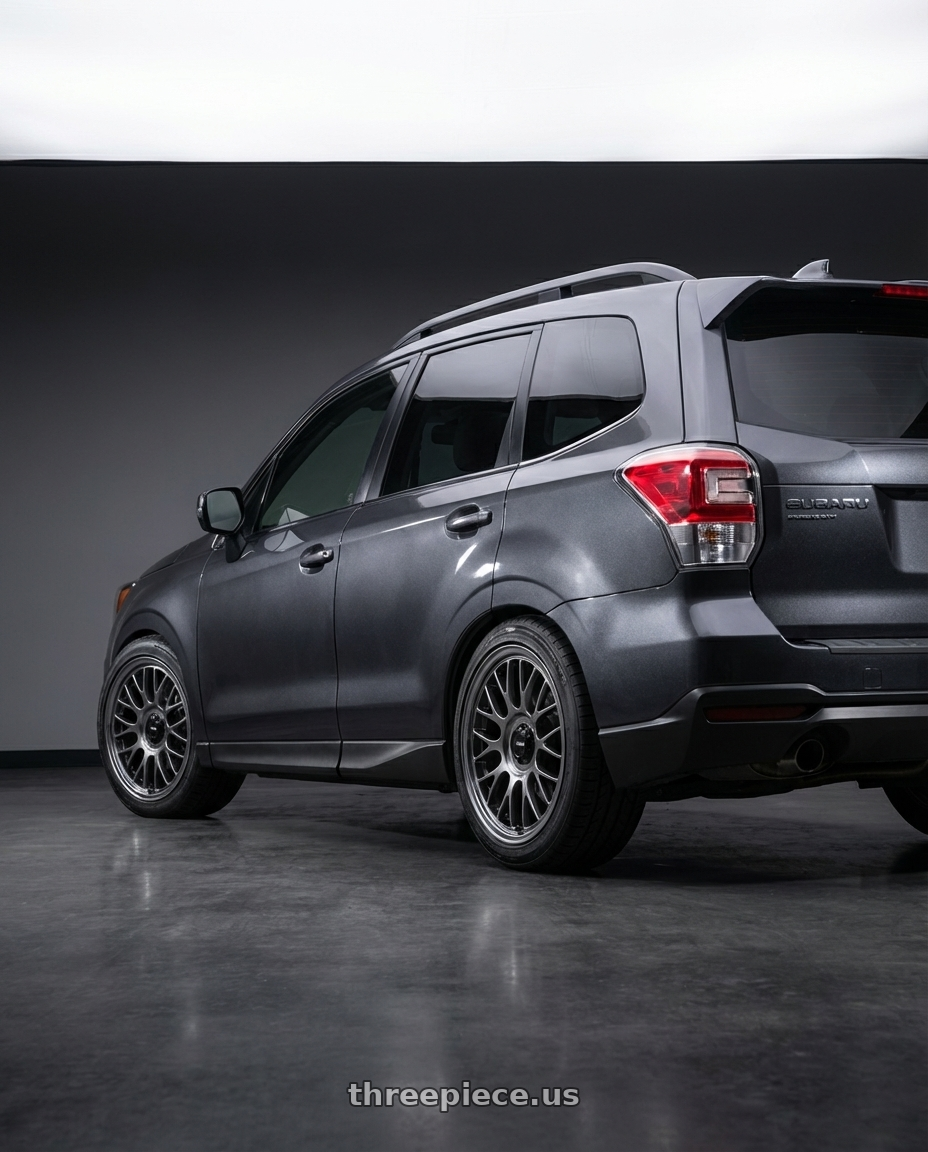 2017 Subaru Forester XT Dark Metallic Grey with Konig MRK1 5X114.3 19x9.5+40 Hyper Carbon - Gloss Black Gear Cap/Logo/Cover Plate wheels rear three quarter view square tires