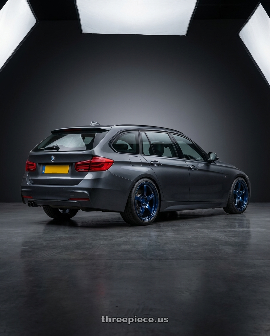 2016 BMW 3 Series F30 with Gram Lights 57CR 5x120 19x9.5+35 Eternal Blue Pearl wheels rear three quarter view square tires