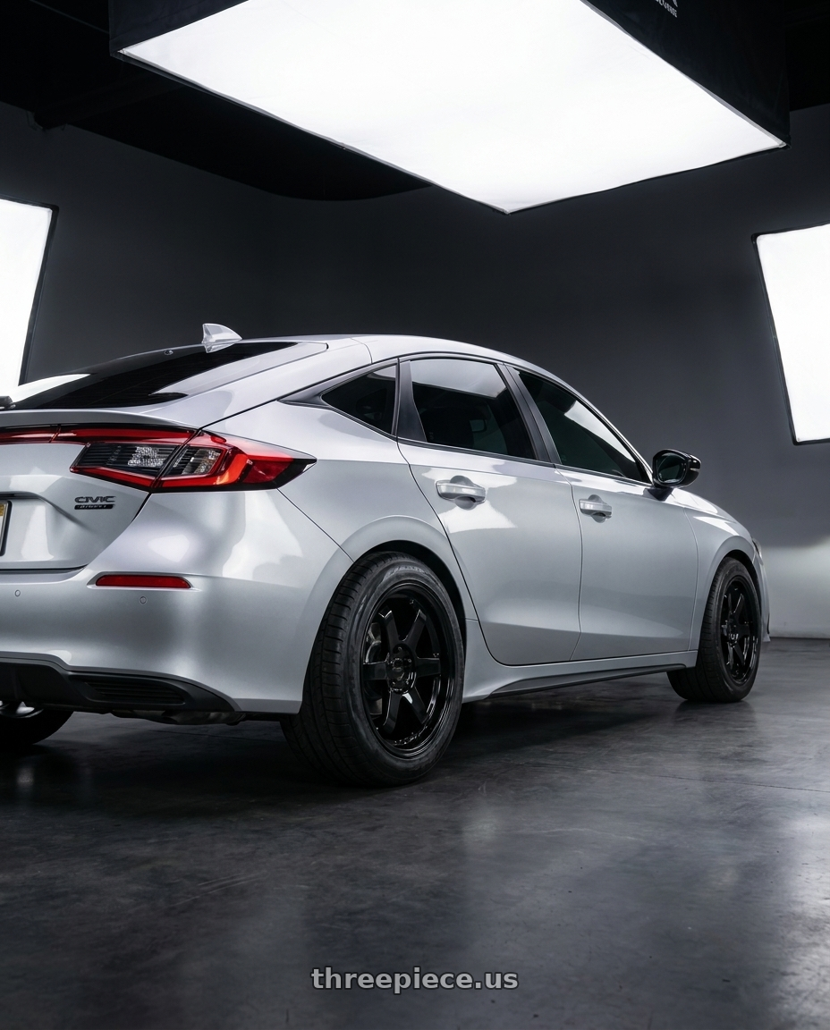 2026 honda civic hybrid sport with KATANA RACING KR08 5x114.3 17x7.5 +40 Glossy Black wheels rear three quarter view meaty tires