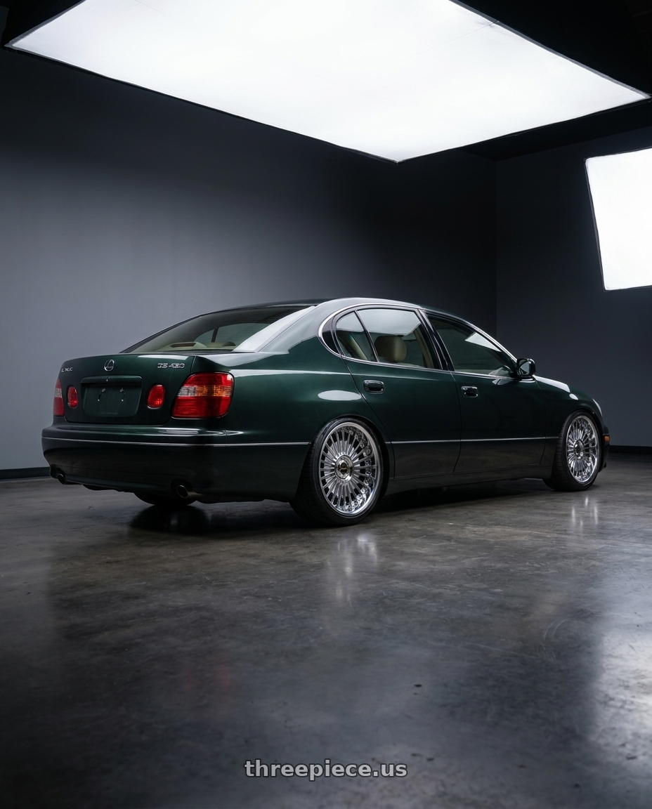 2002 Lexus GS430 with Work Emitz Black Polish 5x100 19x9.0 +22 wheels rear three quarter view square tires