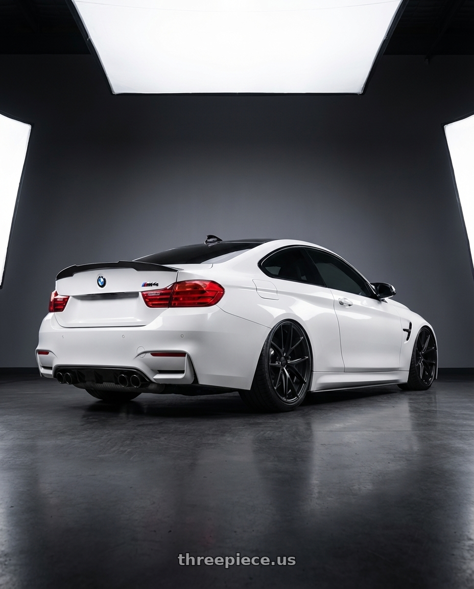 2018 BMW M4 F82 with Niche 1PC M117 MISANO 5X120 19X8.5 +35 MATTE BLACK wheels rear three quarter view slight stretch tires