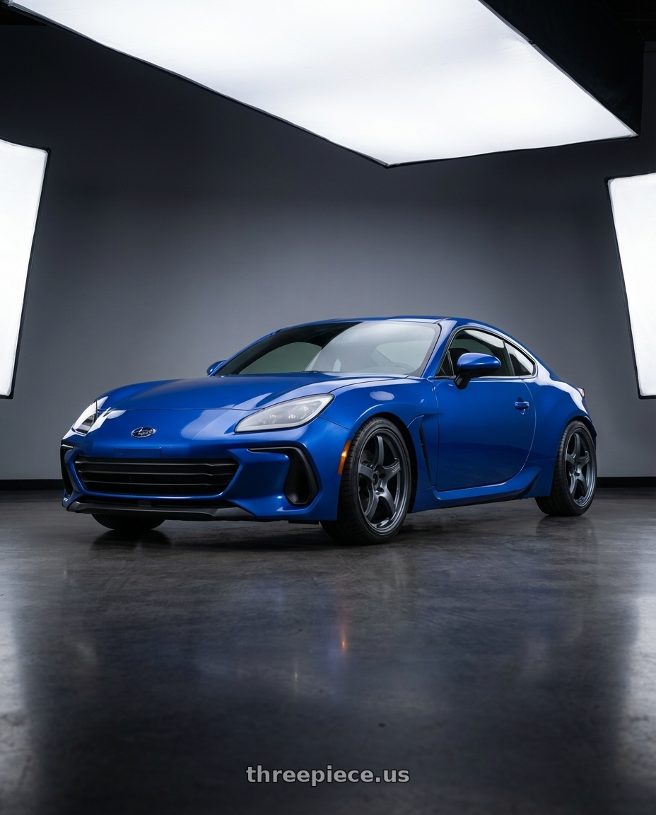 2024 Subaru BRZ with Gram Lights 57CR 5x114.3 18x8.5+50 Gunblue II wheels front three quarter view lowered stance