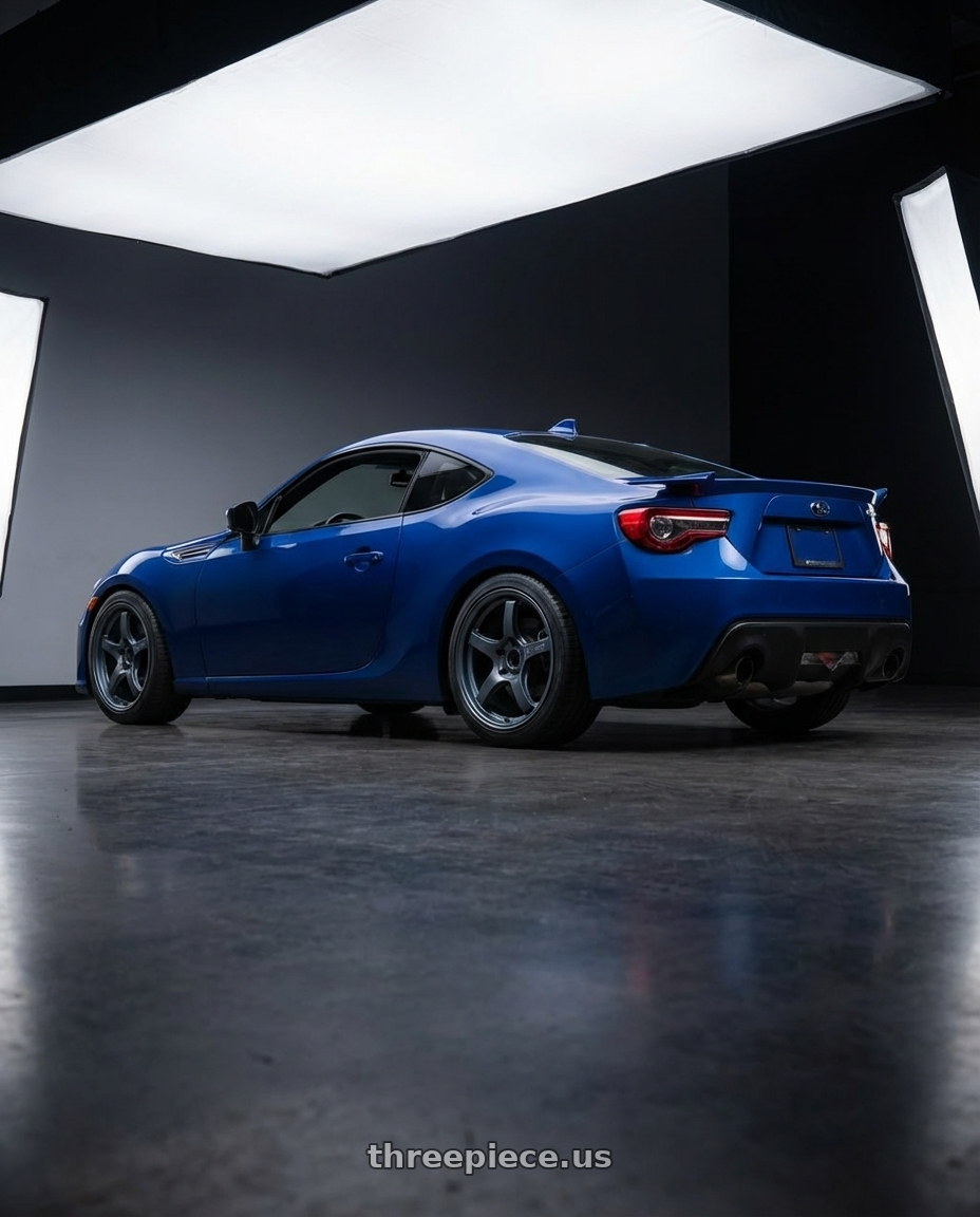 2024 Subaru BRZ with Gram Lights 57CR 5x114.3 18x8.5+50 Gunblue II wheels rear three quarter view square tires