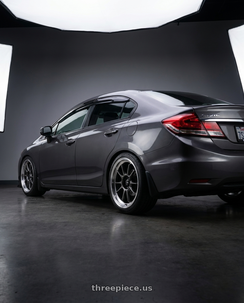 2015 Honda Civic LX with Konig Hypergram 5x114.3 17x8+45 Metallic Carbon w/ Machined Lip wheels rear three quarter view square tires