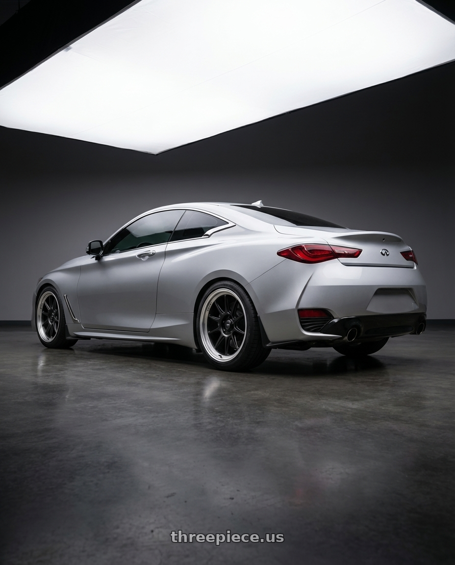 2020 Infiniti Q60 with Konig Countergram 5x114.3 19x11+18 Matte Black / Matte Machined Lip wheels rear three quarter view square tires