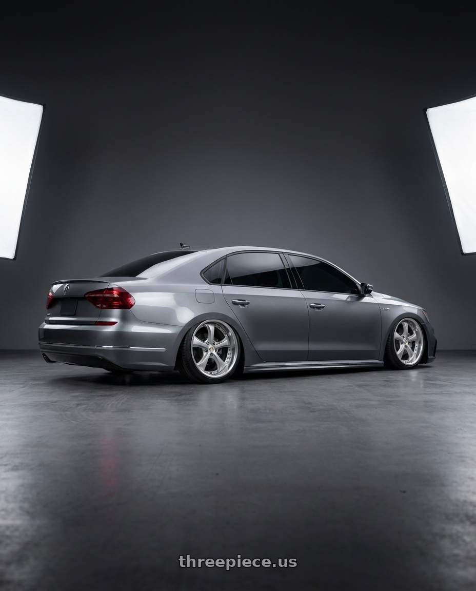 2018 Volkswagen Passat r line with Work Wheels VS-KF 5x112 19x9+41 Light Grey Silver L Disk FULL REVERSE wheels rear three quarter view slight stretch tires