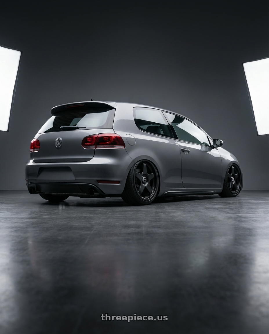 2013 Volkswagen GTI MK6 with fifteen52 CHICANE 5x112 / 5x120 18x8.5 +35 ASPHALT BLACK (SATIN BLACK) wheels rear three quarter view slight stretch tires