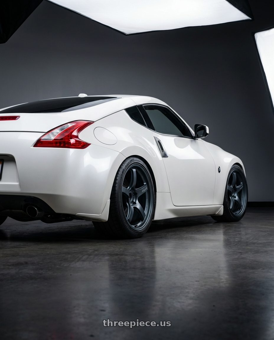 2019 Nissan 370Z with Gram Lights 57CR 5x114.3 19x8.5+35 Gunblue II wheels rear three quarter view square tires