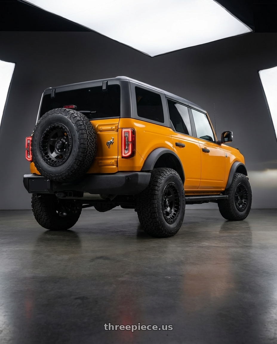 2024 Ford Bronco with Fuel 1PC D118 WARP BEADLOCK 6X139.7 17X9 -15 MATTE BLACK wheels rear three quarter view meaty tires