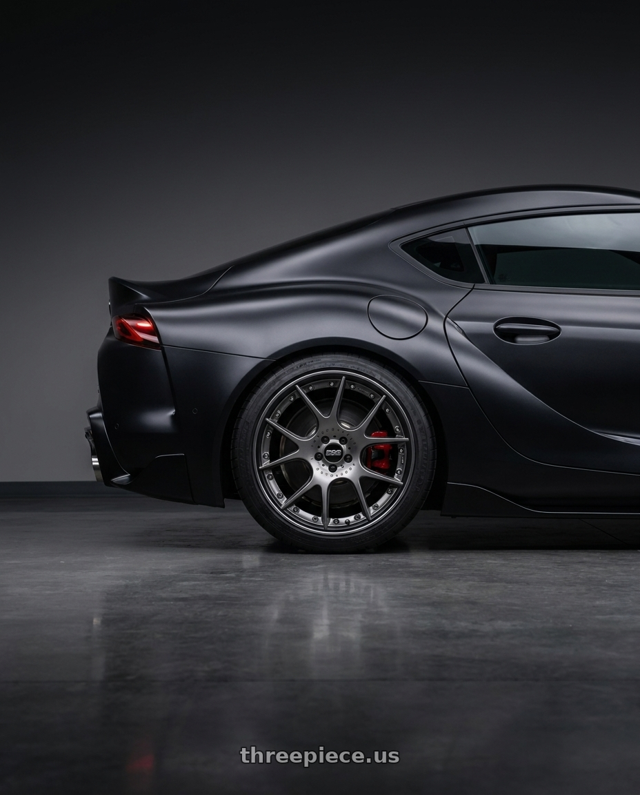 2023 Toyota supra  with BBS CH-RII 5x112 22x10.5 +26 Satin Platinum Center Black Lip SS Rim Prot wheels rear three quarter view square tires