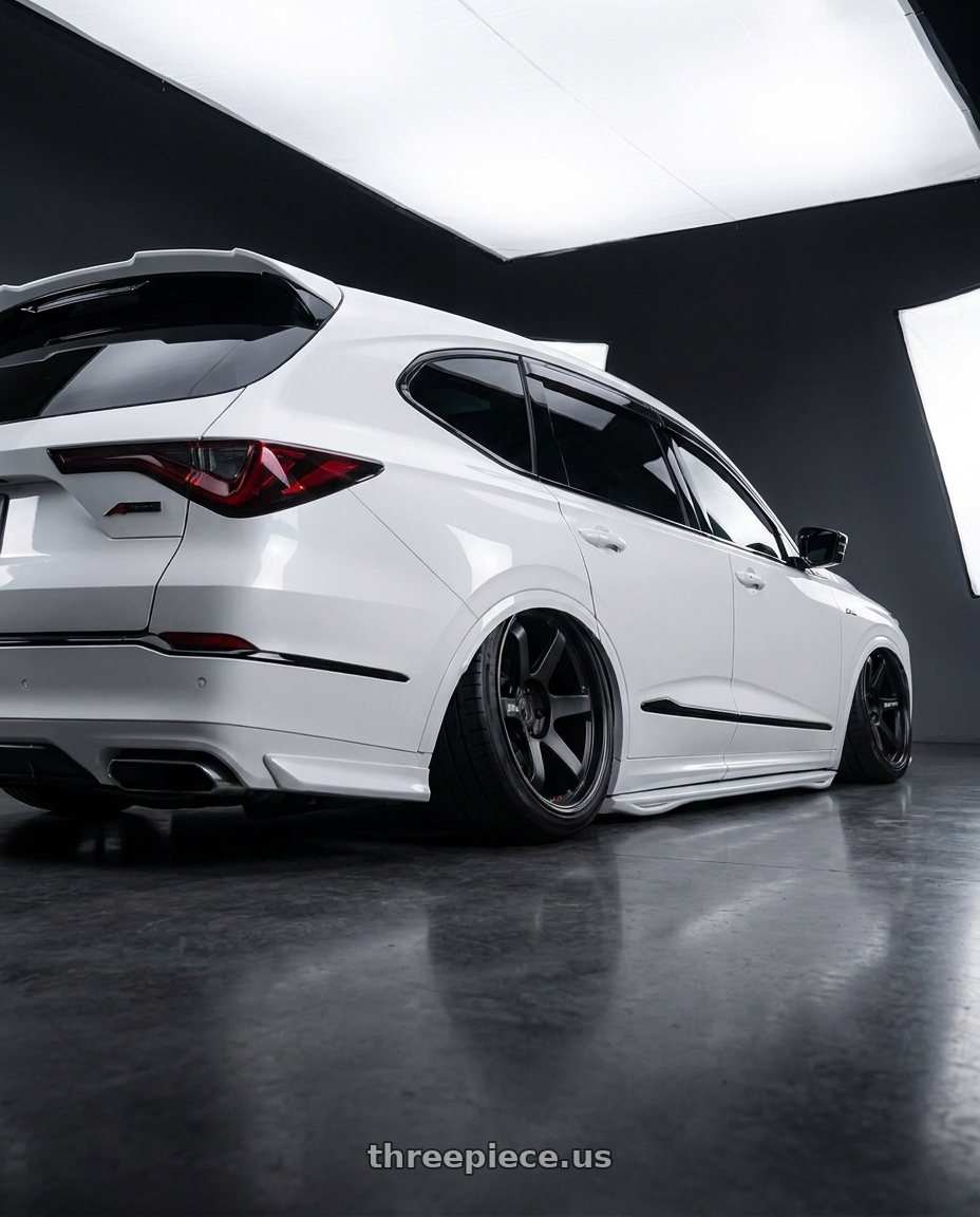 2026 ACURA MDX A-SPEC PATESAW15 with VOSSEN HF6-4 6X139.7 22x12 -44 SATIN BLACK wheels rear three quarter view extreme stretch tires