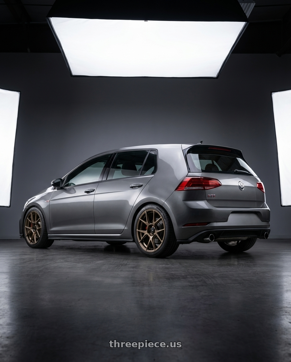 2019 Volkswagen GTI MK7 with Konig Ampliform 5x112 18x8.5+43 Gloss Bronze wheels rear three quarter view square tires