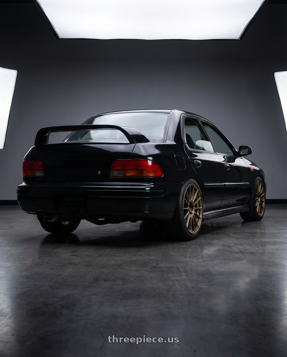 1998 Subaru Impreza GC8 with Enkei RS05-RR 5x112 18x9+25 Titanium Gold wheels rear three quarter view square tires
